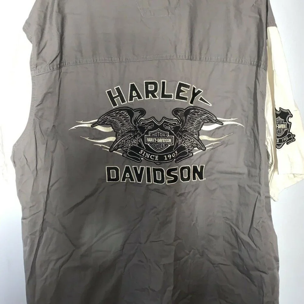 Harley Davidson Men GRAY WHITE Button Up Short Sle - Picture 1 of 3